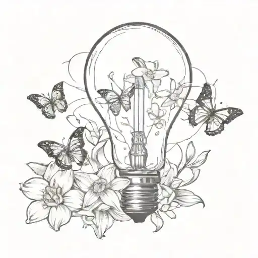 A Broken Lightbulb With Daffodils And Butterflies Coming Out Of The Broken Part