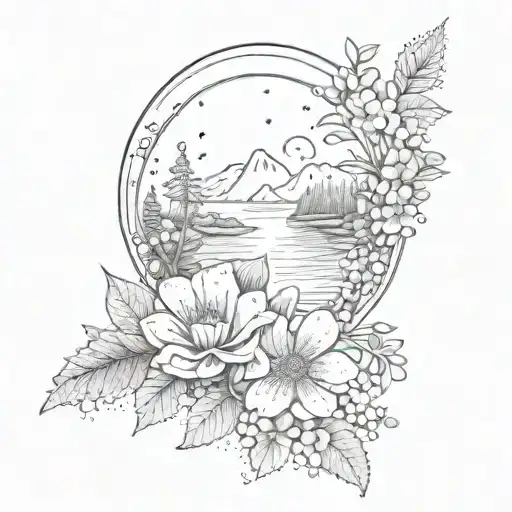 A Dotwork Tattoo Of A Serene Nature Scene With Intricate Flower Patterns