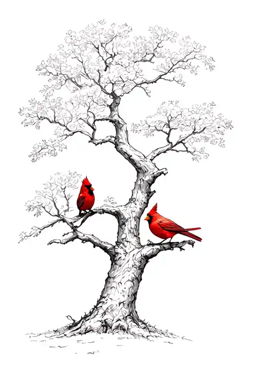 Oak Tree With Cardinal Perched