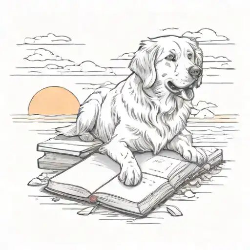 A Stack Of Books With A Golden Retriever Lying Next To Them On A Beach At Sunset