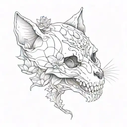 Small Detail Cat Skull With Lotus