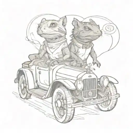 A Bearded Dragon And A Cat Riding In A Vintage Car Together