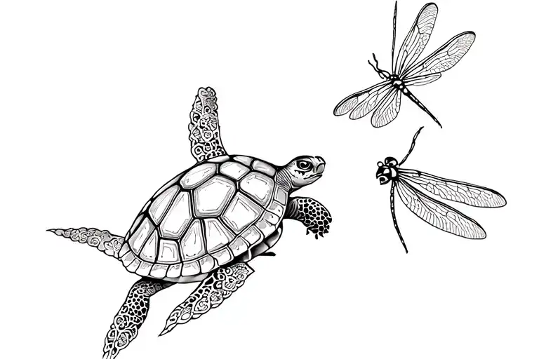 Turtle And Dragonfly Hovering