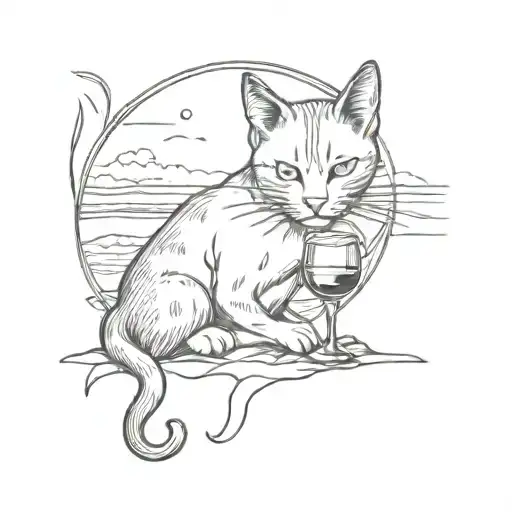 A Whimsical Design Of A Cat Sipping Wine On A Beach At Sunset