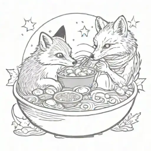 A Fox And Hedgehog Sharing A Bowl Of Ramen Under A Full Moon