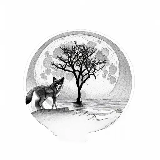 Tree With Wolf And Full Moon Lake With Sailboat