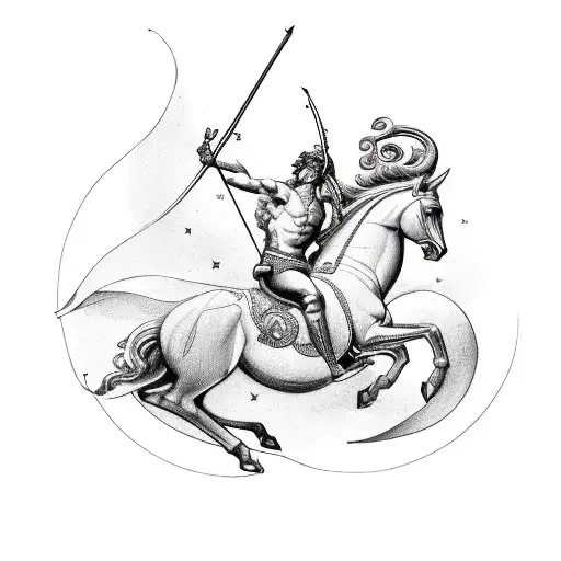 Sagittarius Centaur Bending A Bow With The Astrological Sign Aquarius Next To It On A Man's Forearm