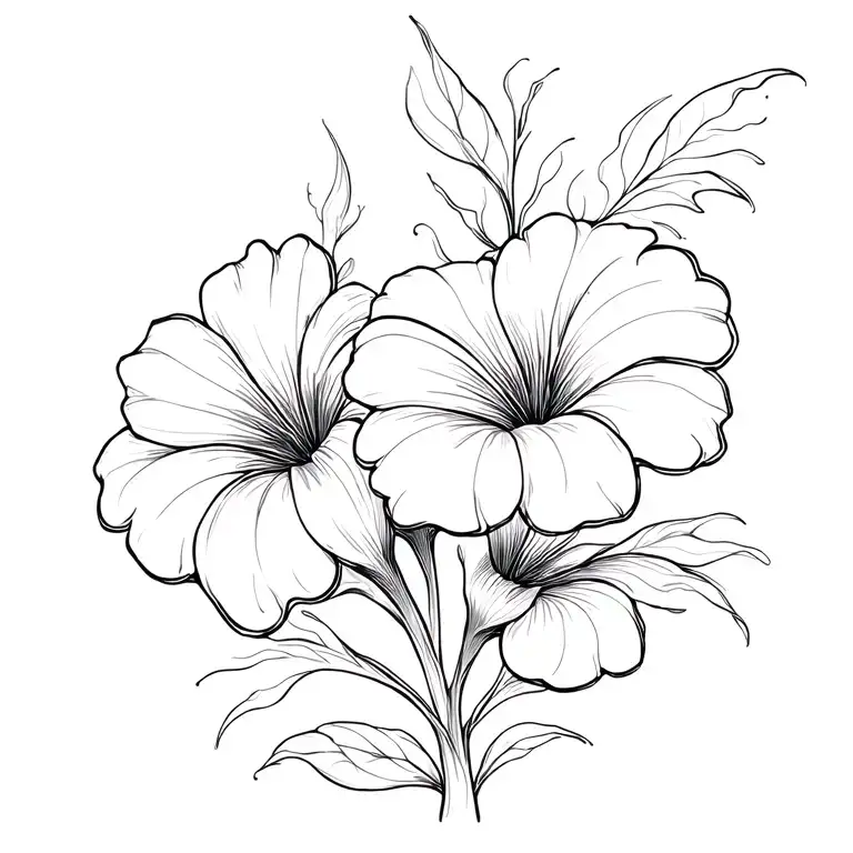 Vertical Fine Line Hawaiin Flower 1 Big And 1 Smaller With Curvy Lines Moving Away From The Flower