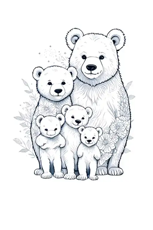 Bear Family Mum Dad 3 Boy Cubs 1 Girl Cub Floral And Celestial