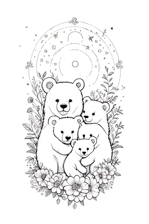 Bear Family Mum Dad 4 Cubs Floral And Celestial Scene
