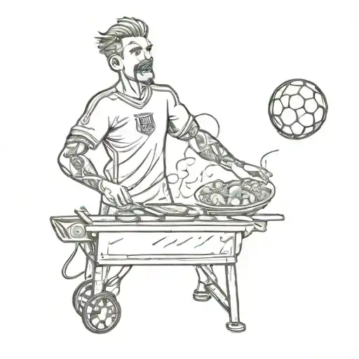 A Sketch Style Tattoo Of A Soccer Player Cooking On A Grill Wearing A Barcelona Fc Jersey