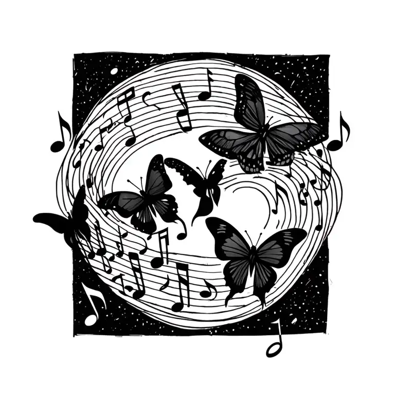 3 Butterflies Floating Along Music Notes Intertwined Simple Outline