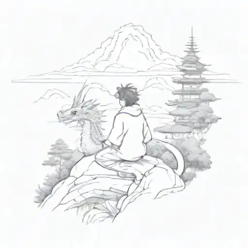 Design A Peaceful Mountain Landscape With A Studio Ghibli Inspired Character Slaying A Dragon