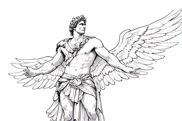 Muscly Roman Soldier Icarus Pose With Wings With Arms Spread Out