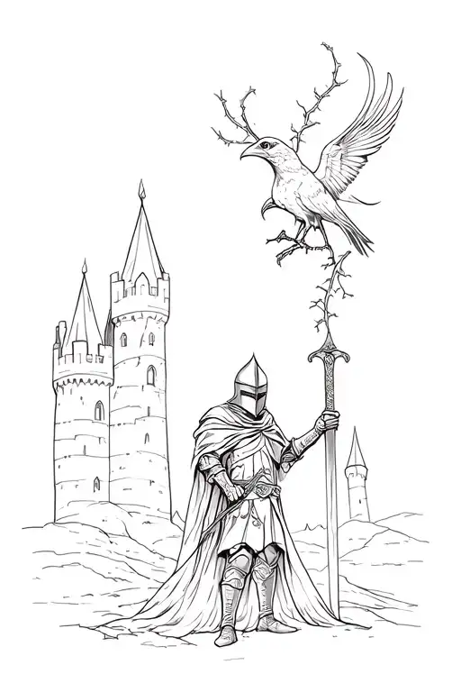 Knight In Helmet And Cloak Holding Sword Against Castle Background Raven And Thorny Vine Crown