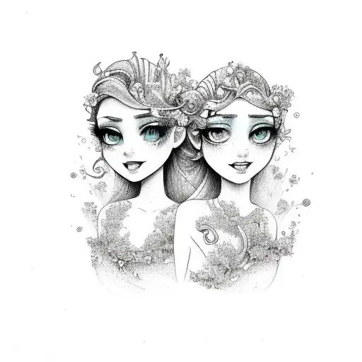 2 Pretty Mermaids Gemini Pisces With Flower Background