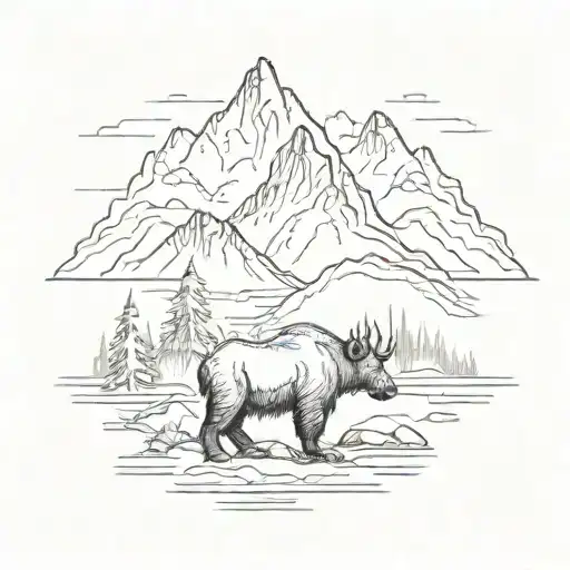 A Minimalist Sketch Of A Mountain Range With A Bear And Moose Roaming In The Foreground