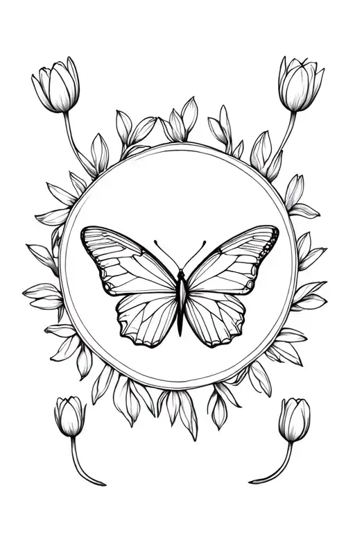 A Minimalist Design Of A Butterfly Surrounded By Mini Tulips In A Circular Pattern