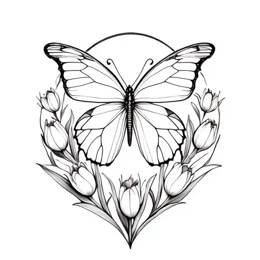 A Minimalist Design Of A Butterfly Surrounded By Mini Tulips In A Circular Pattern