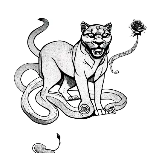 Panther Prowling With Roses And A Snake