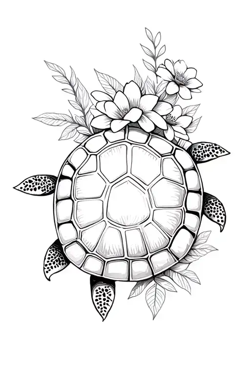 Mother Turtle With Flowers And Leaves