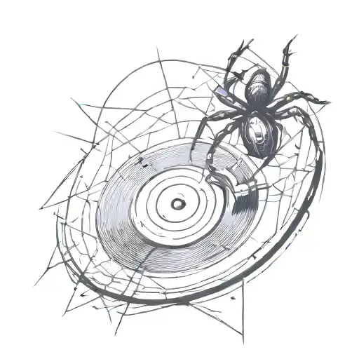 A Sketch Style Tattoo Of A Spider Spinning A Vinyl Record
