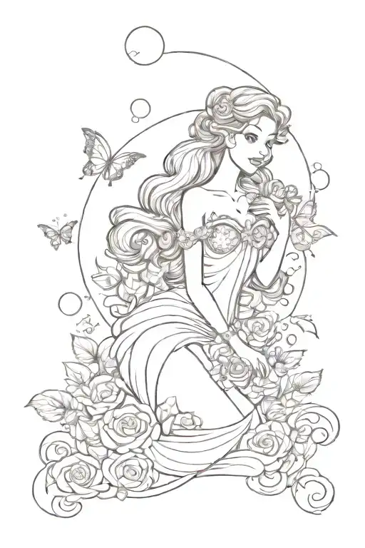 Princess Ariel Full Body Image Holding A Rose With Bubbles And Butterflies Around Her In Colour