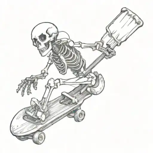 A Skeleton Doing A Kickflip On A Skateboard With A Guitar Strapped To Its Back