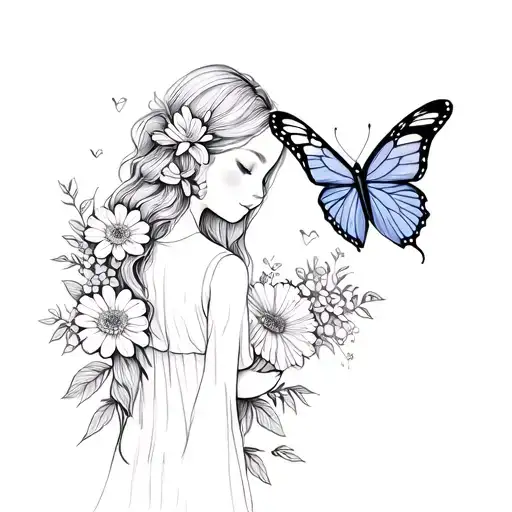 Mom And Daughter Flowers An Butterfly