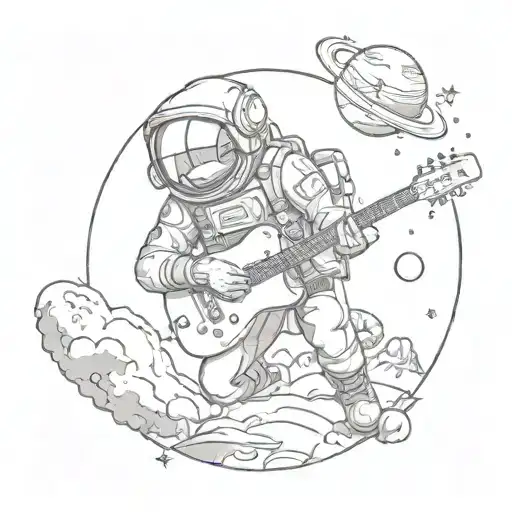 A Sketch Style Tattoo Of A Space Explorer Playing A Guitar On A Distant Planet