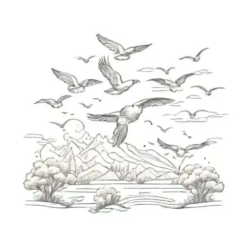 A Sketch Style Tattoo Of A Flock Of Birds Flying Over A Serene Nature Landscape