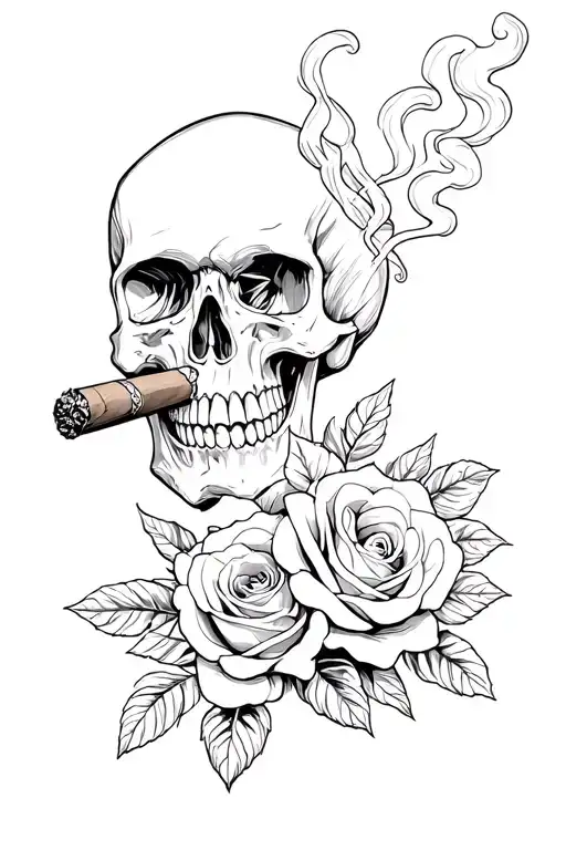 Skull & Smoking A Cigar Roses