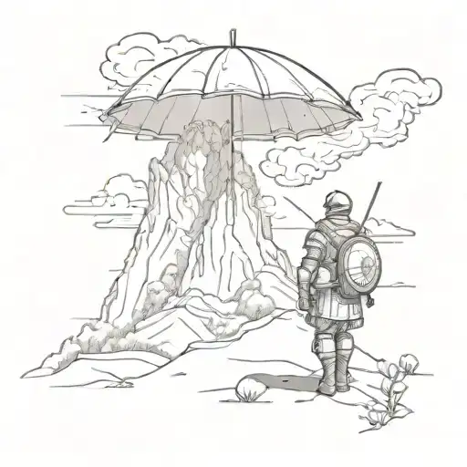 Roman Soldier Watching Volcano Erupt With Umbrella