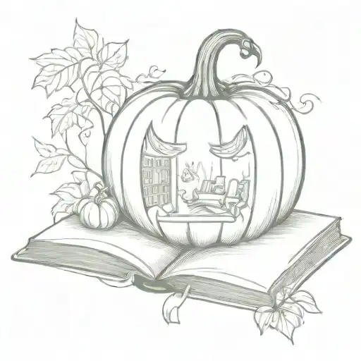 A Sketch Tattoo Of A Pumpkin Reading A Book In A Dark Romance Setting