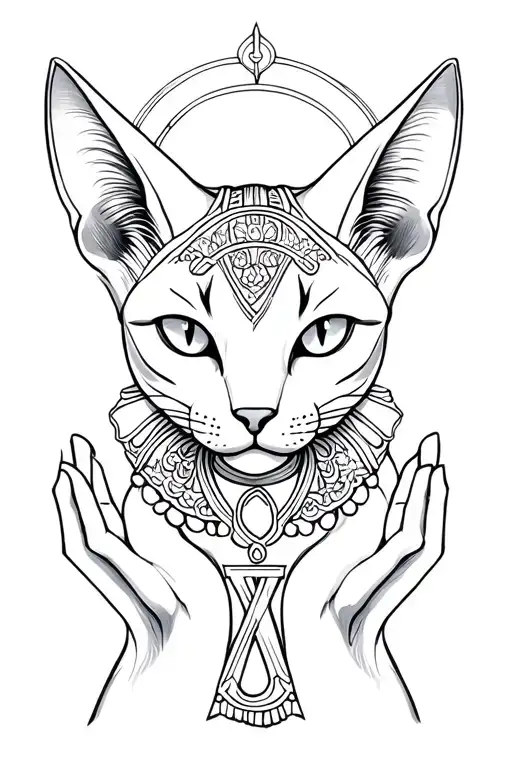 Cat Goddess Bastet Cat Head Human Body Frontal View With Ankh In Hands
