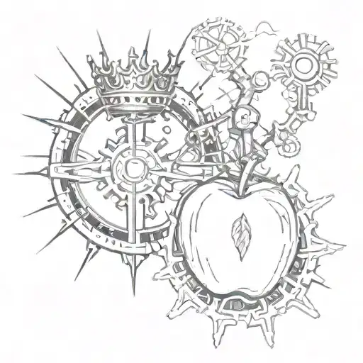 Sketch Of An Apple And A Crown With Tesla Coils Next To Them And Gears And Roots In The Background