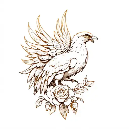 Floral Side Profile Phoenix With Roses And Daffodils And Vines Minimalist Delicate