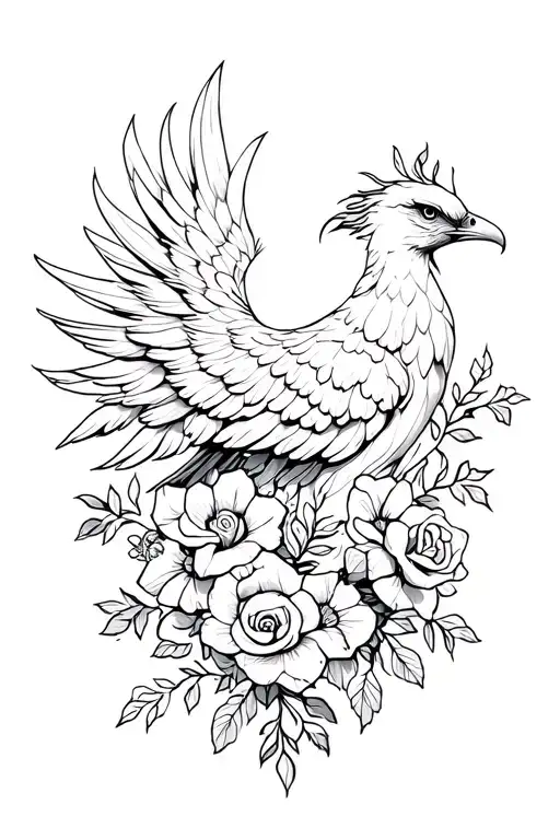 Floral Side Profile Phoenix With Roses And Daffodils And Vines Minimalist Delicate