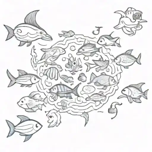 A Collage Of Various Sea Creatures And Cartoon Characters In A Sketch Style