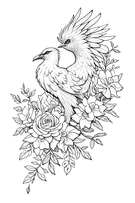 Floral Side Profile Phoenix With Roses And Daffodils And Vines Minimalist Delicate Long