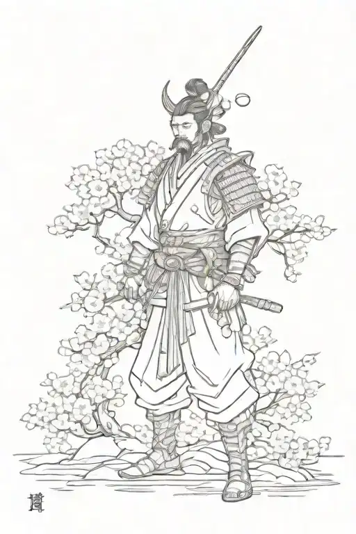 Samurai Standing Against Cherry Blossoms