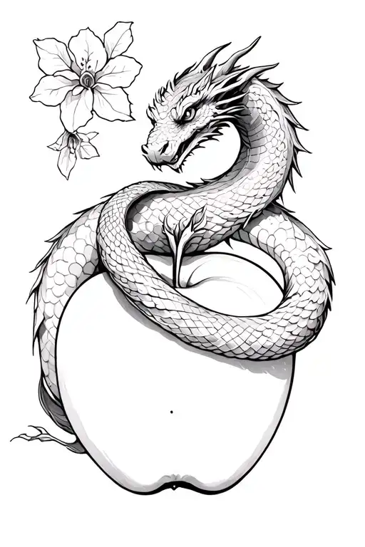 Serpent Dragon Wrapped Around Apple With Apple Blossoms