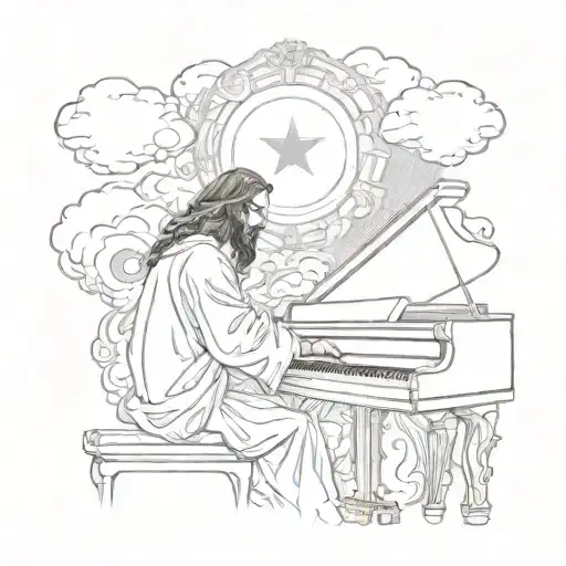 A Detailed Portrait Of Jesus Playing A Grand Piano Surrounded By Heavenly Clouds
