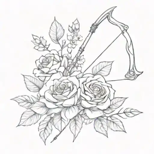 Bow And Arrow With Red Rose And Blue Forget Me Not Flowers