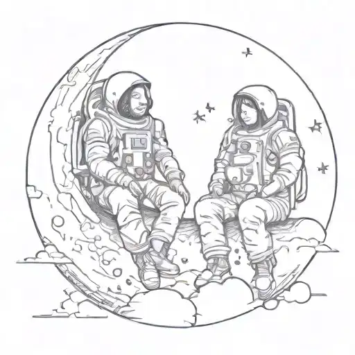 Two People Sitting On The Moon And Leaning On Each Other