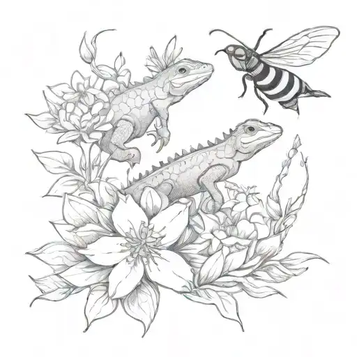 Lizard And Bee In Flower