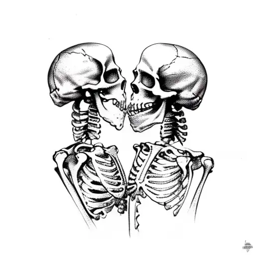 The Skeleton Is Kissing A Live Girl Who Is Standing With Her Back To Us