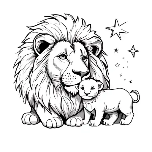 Lion And Lion Baby Stars In Background Father And Son