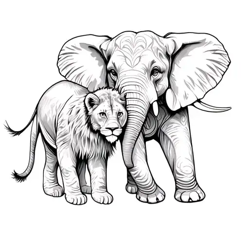 A Male Elephant Holding A Female Baby Lion