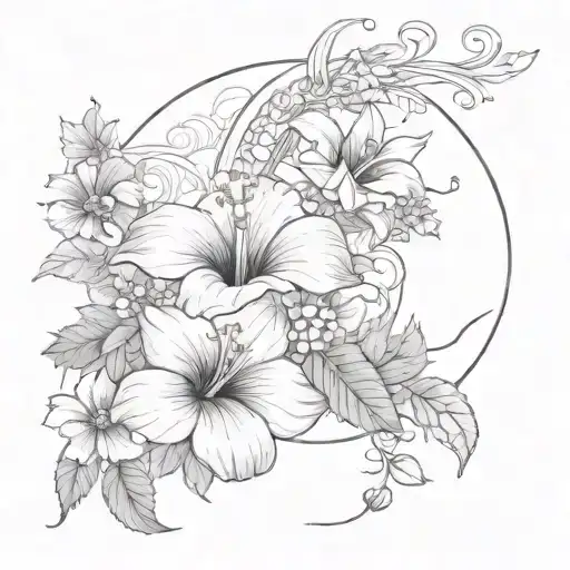 Cresent Moon With Hibiscus And Daisy Flowers